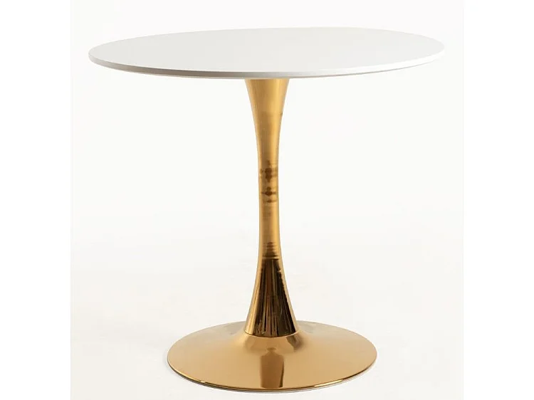 Mesa redonda moderna de madera blanca y pie de metal dorado Tulipa 80 cm
