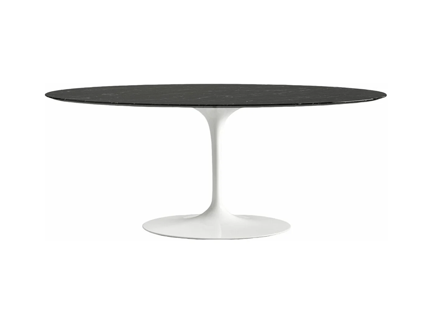 Table tulipe ovale en marbre Haute de gamme-Plateau Marbre noir Marquinia-Largeur 220 cm-Piètement Blanc brillant