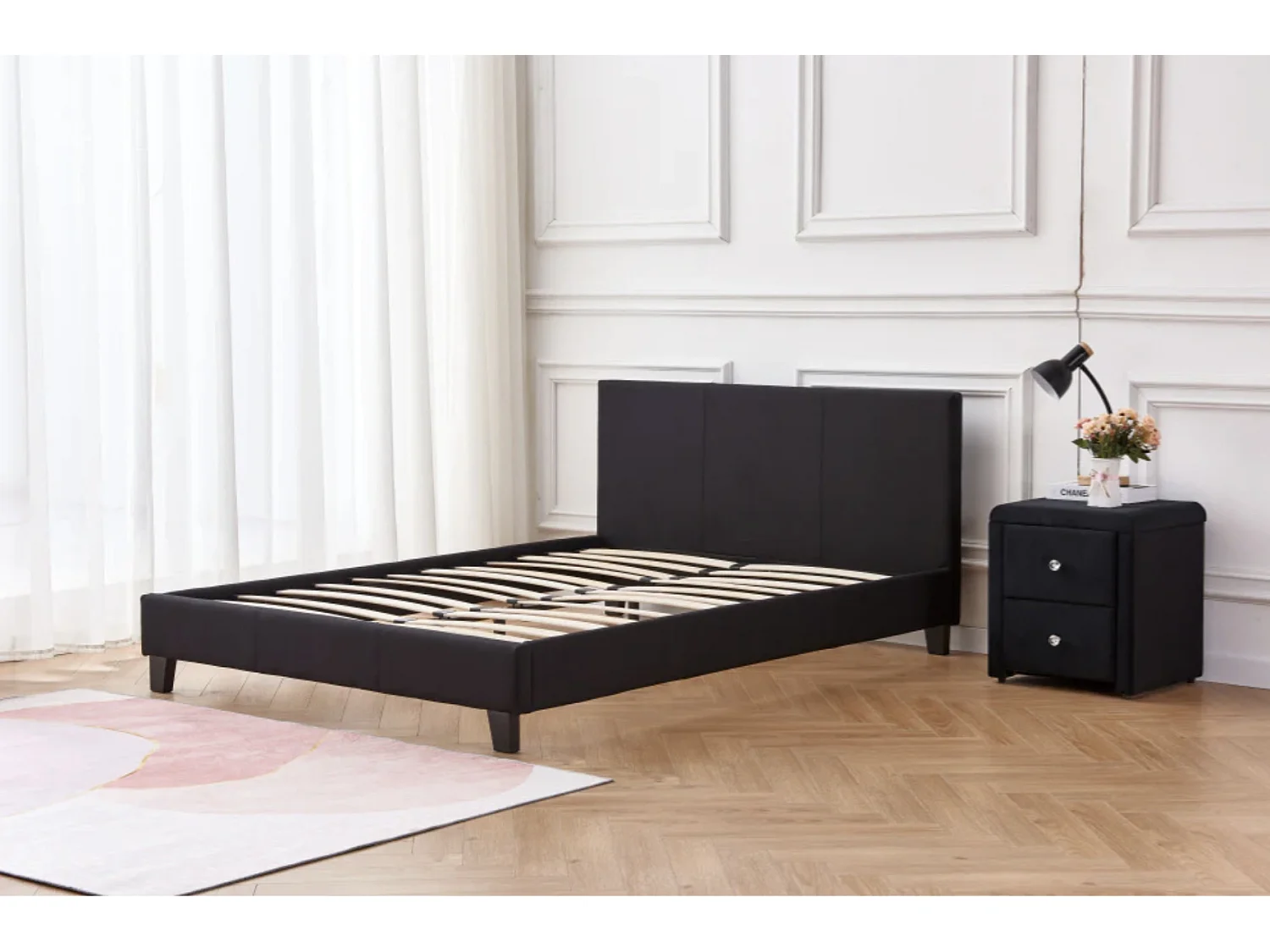 Lit double simili cuir Diag-Couleur Noir-140x190