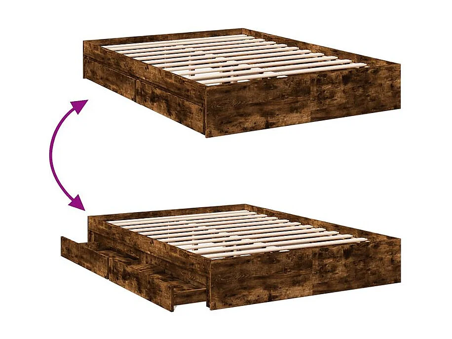 Cadre de lit à tiroirs chêne fumé 135x190 bois d'ingénierie