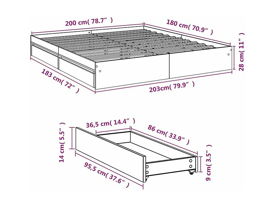 Cadre de lit à tiroirs sonoma gris 180x200 bois d'ingénierie