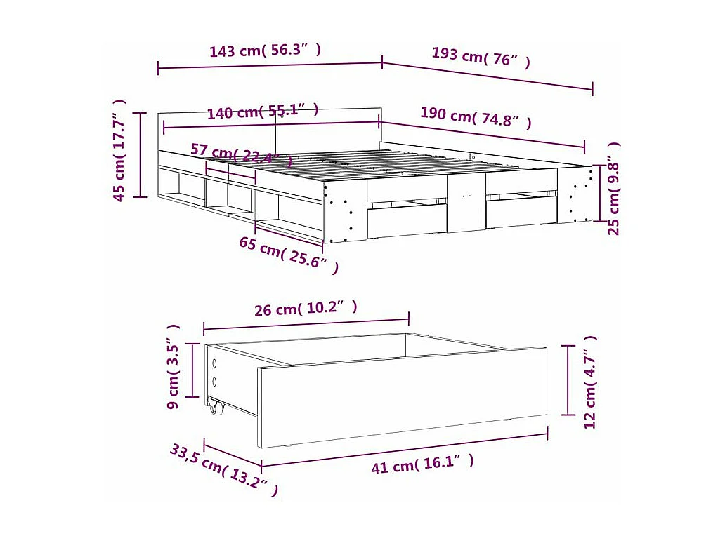 Cadre de lit et tiroirs chêne sonoma 140x190 bois ingénierie