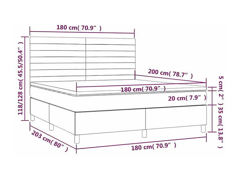 Sommier à lattes de lit et matelas et LED Gris foncé 180x200