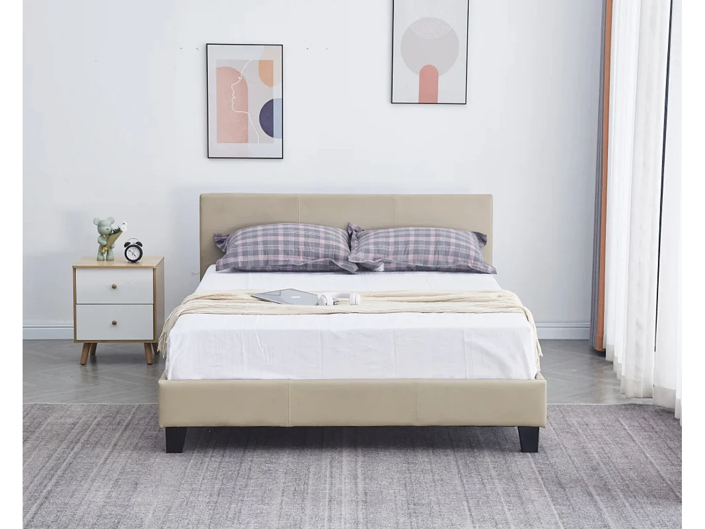 Lit double simili cuir Diag-Couleur Beige foncé-160x200