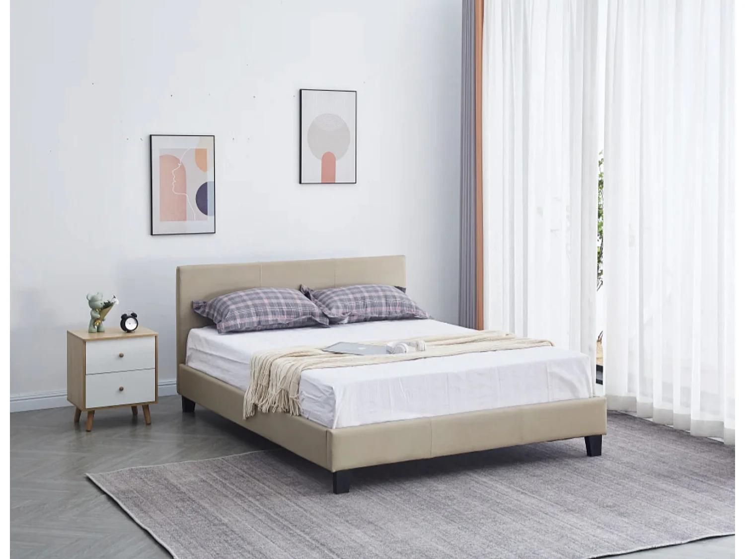 Lit double simili cuir Diag-Couleur Beige foncé-160x200