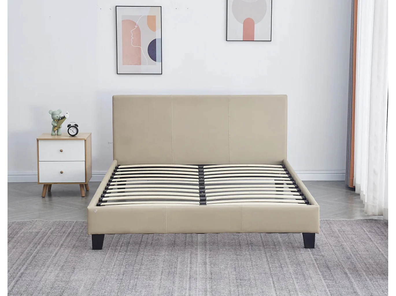 Lit double simili cuir Diag-Couleur Beige foncé-160x200