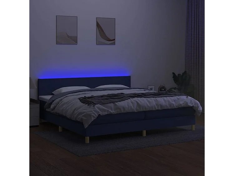 Sommier à lattes de lit et matelas et LED Bleu 200x200 Tissu