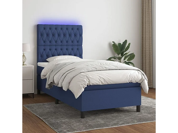 Sommier à lattes de lit avec matelas et LED Bleu 90x190 Tissu