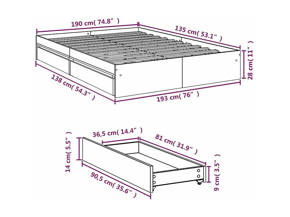 Cadre de lit avec tiroirs noir 135x190 bois d'ingénierie