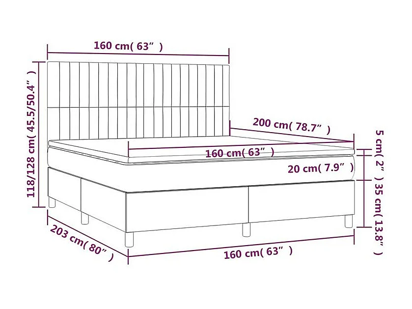 Sommier à lattes de lit et matelas et LED Gris foncé 160x200