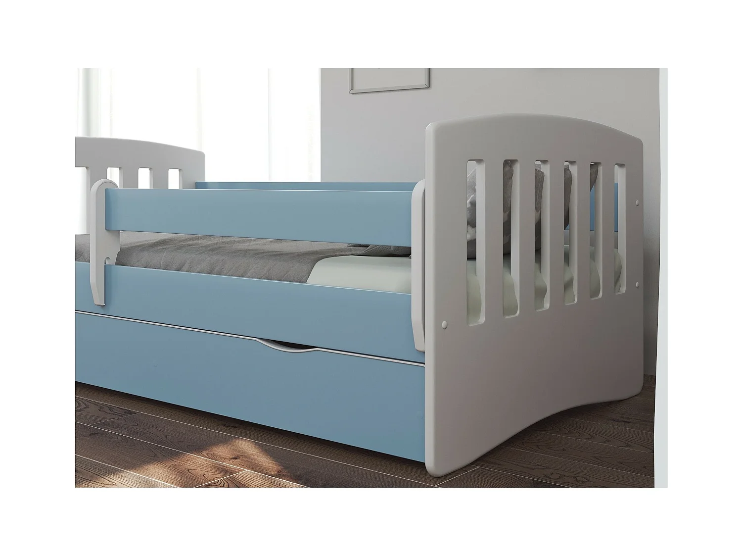 Lit enfant avec barrière de sécurité amovible bleu Klaky-Matelas mousse-80x140-Tiroirs Avec tiroir