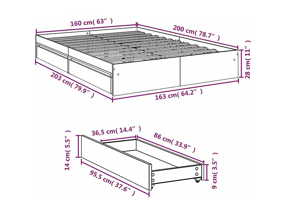 Cadre de lit à tiroirs blanc 160x200 bois d'ingénierie