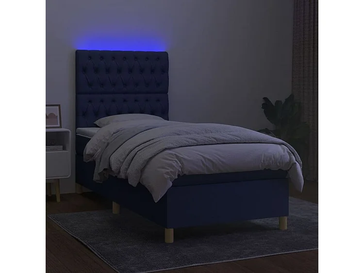 Sommier à lattes de lit et matelas et LED Bleu 90x190 Tissu