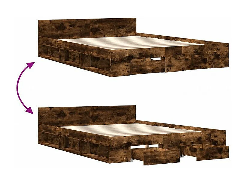Cadre de lit à tiroirs chêne fumé 135x190 bois d'ingénierie