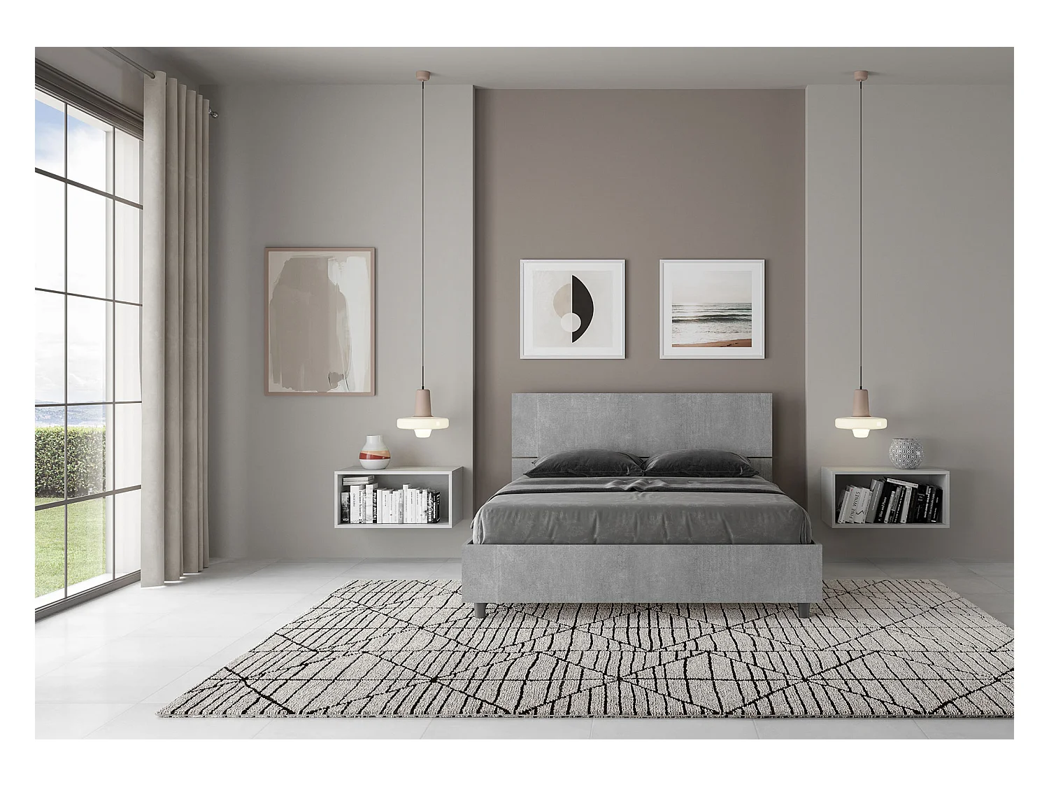 Lit double sans sommier 140x200 tête de lit droite gris béton Demas