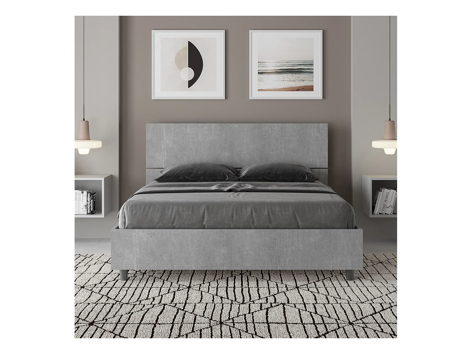 Lit double sans sommier 140x200 tête de lit droite gris béton Demas