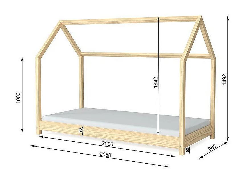 Lit cabane naturel 90x200 avec sommier en bois