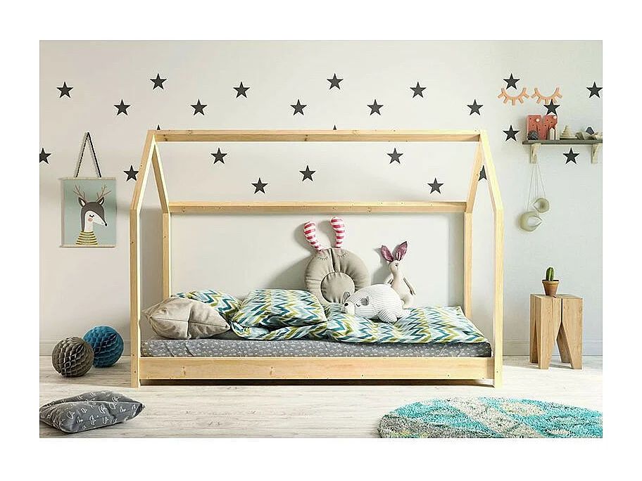 Lit cabane naturel 90x200 avec sommier en bois