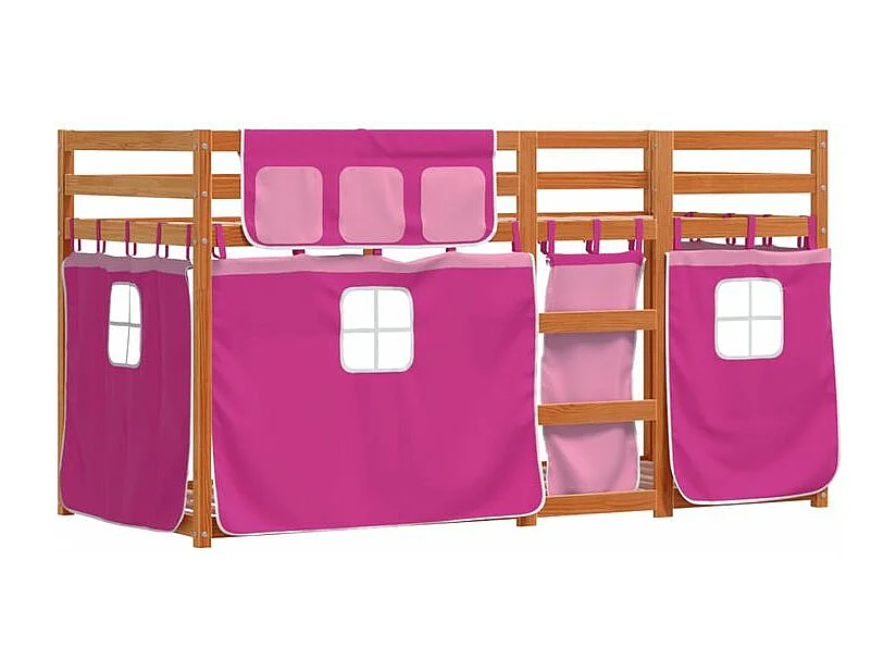 Lit superposé avec rideaux rose 90x200 bois pin massif