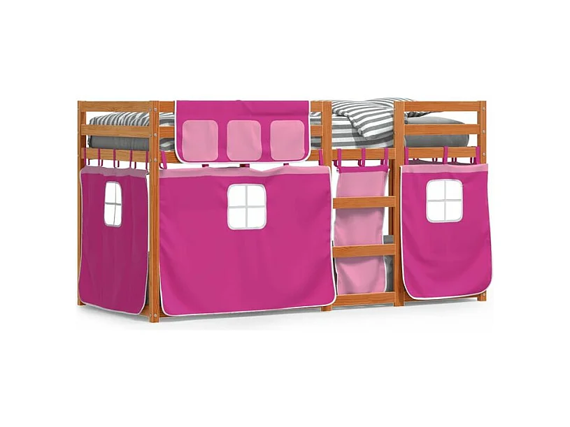 Lit superposé avec rideaux rose 90x200 bois pin massif