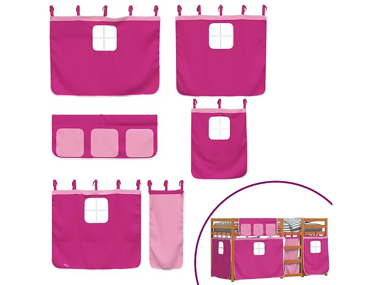 Lit superposé avec rideaux rose 90x200 bois pin massif