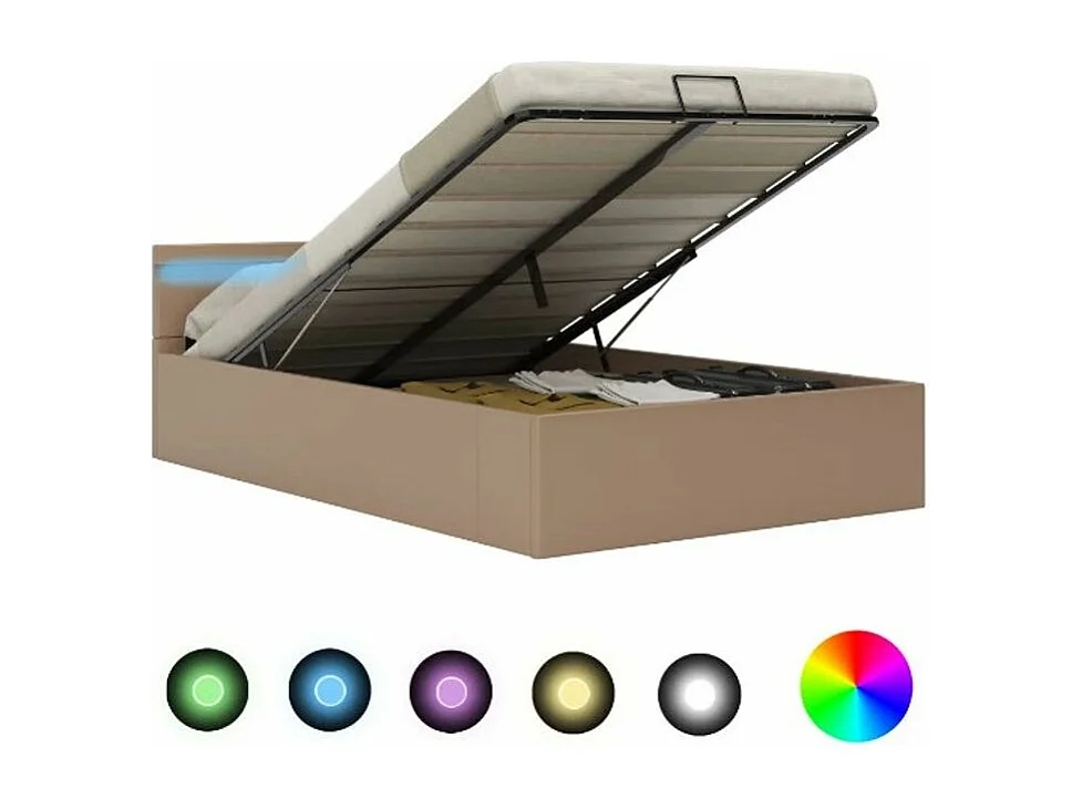 Lit coffre à LED simili cuir beige Rundi 140x200