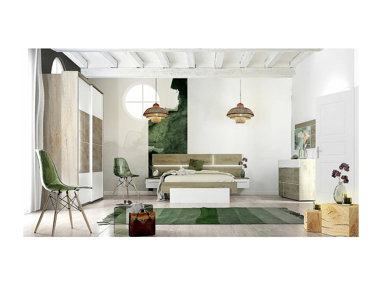 Lit laqué blanc et bois taupe grisé avec éclairage à tête de lit à effet graphique Kido 140x190