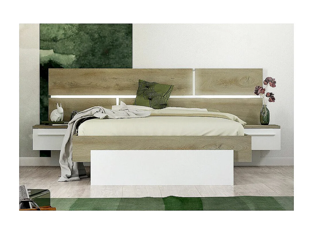 Lit laqué blanc et bois taupe grisé avec éclairage à tête de lit à effet graphique Kido 140x190