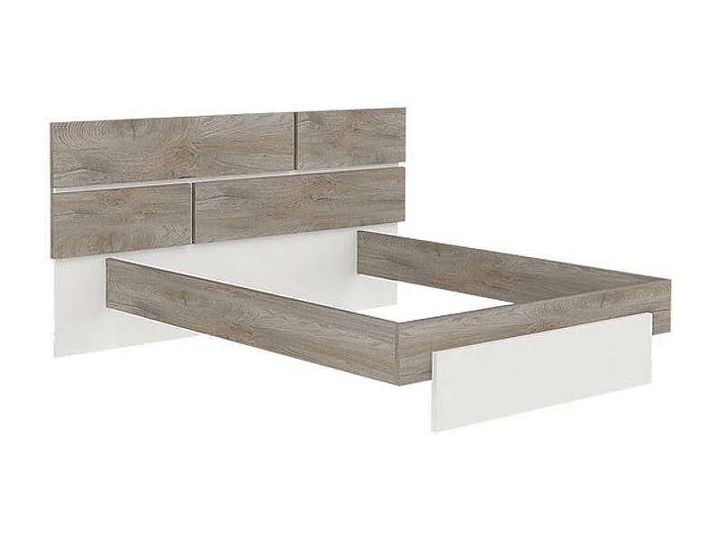 Lit laqué blanc et bois taupe grisé avec éclairage à tête de lit à effet graphique Kido 160x200