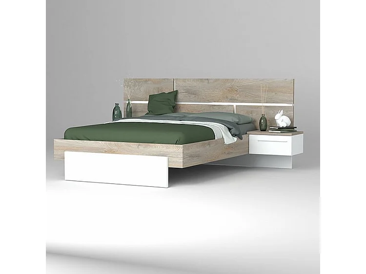 Lit laqué blanc et bois taupe grisé avec éclairage à tête de lit à effet graphique Kido 160x200