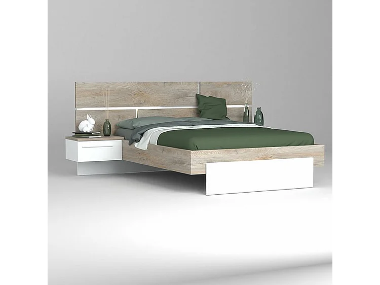 Lit laqué blanc et bois taupe grisé avec éclairage à tête de lit à effet graphique Kido 160x200