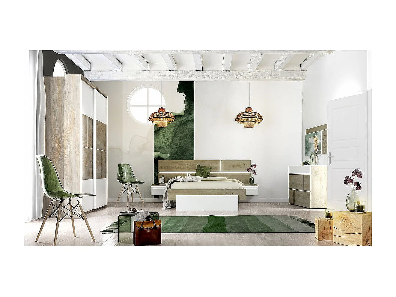 Lit laqué blanc et bois taupe grisé avec éclairage à tête de lit à effet graphique Kido 160x200