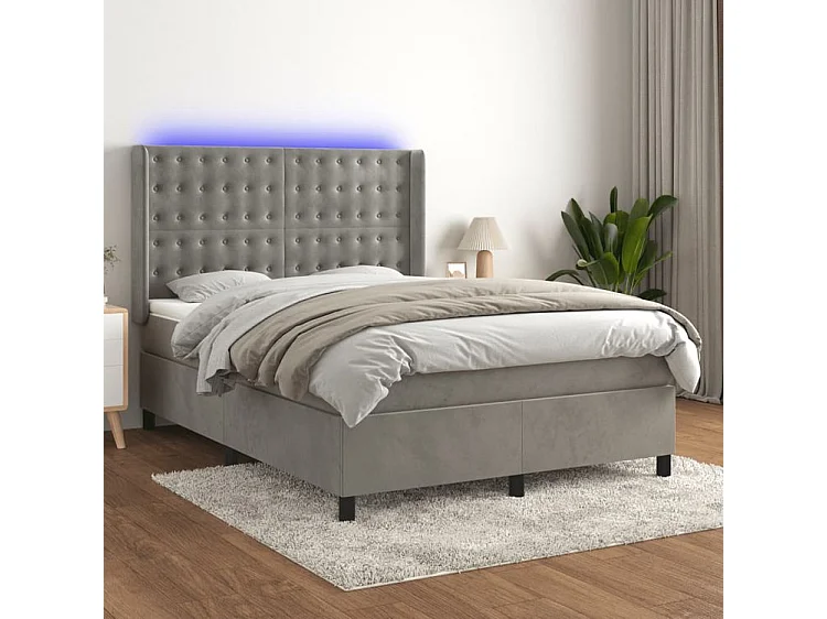 vidaXL Cama box spring colchón y LED terciopelo gris claro 140x200 cm
