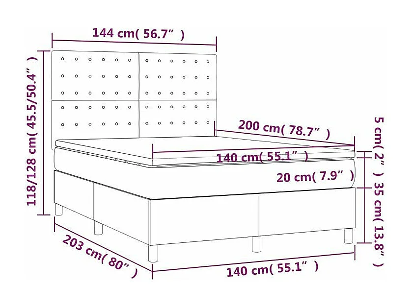 Sommier à lattes de lit et matelas et LED Gris clair 140x200