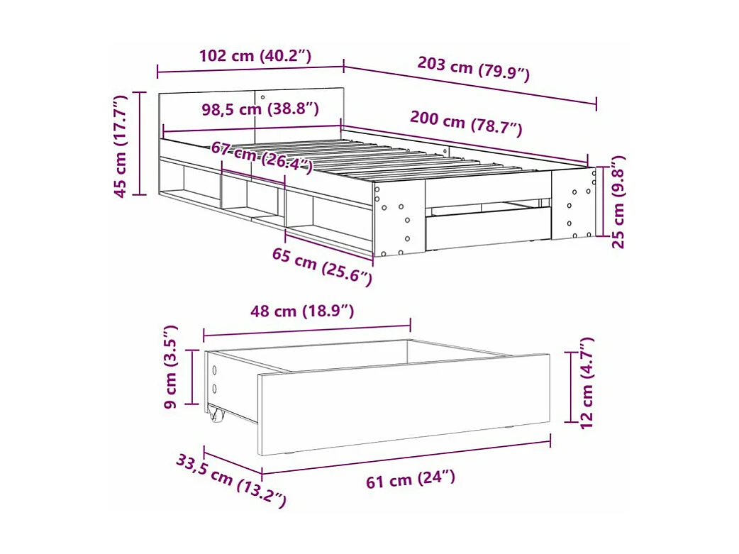 Cadre de lit avec tiroir blanc 100x200 bois d'ingénierie