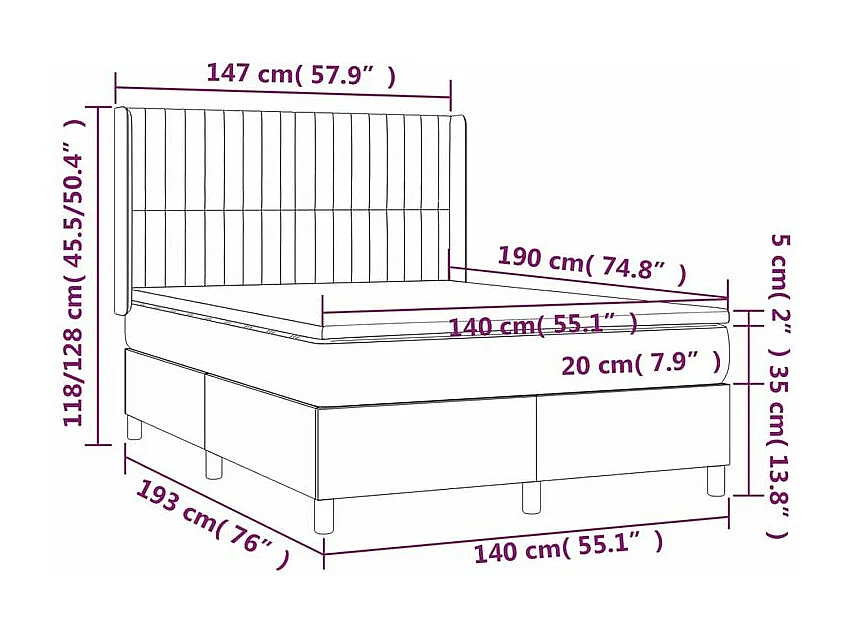 Sommier à lattes de lit matelas LED Gris foncé 140x190 Tissu