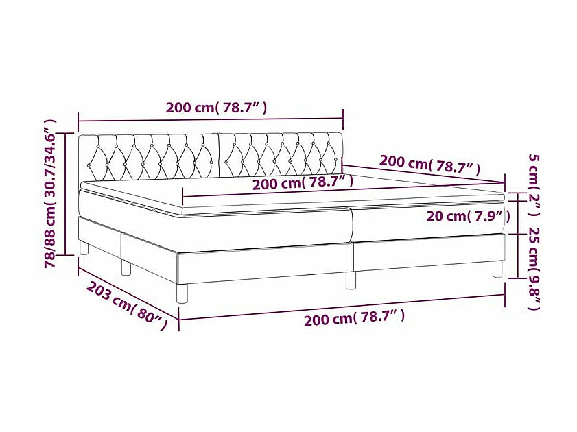 Sommier à lattes de lit et matelas et LED Noir 200x200 Tissu