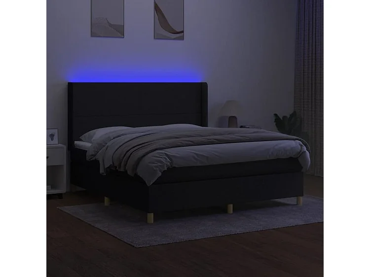 Sommier à lattes de lit matelas et LED Noir 180x200 Tissu