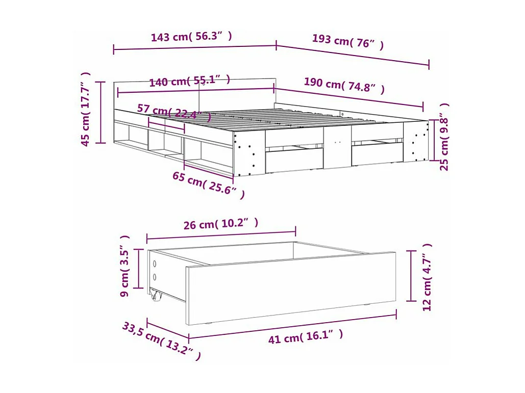 Cadre de lit et tiroirs sonoma gris 140x190 bois ingénierie