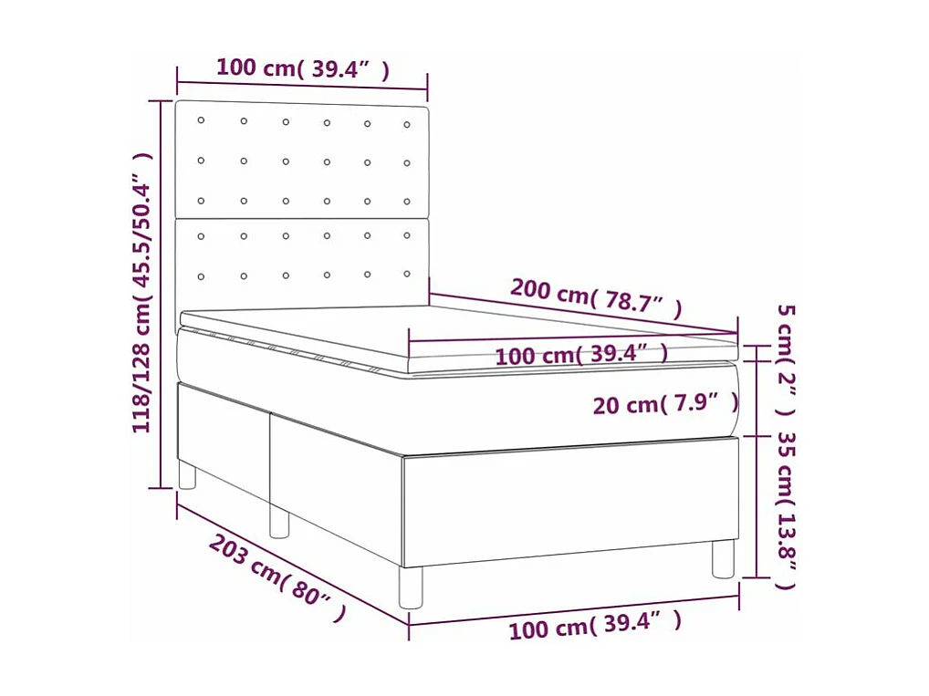 Sommier à lattes de lit et matelas et LED Gris foncé 100x200
