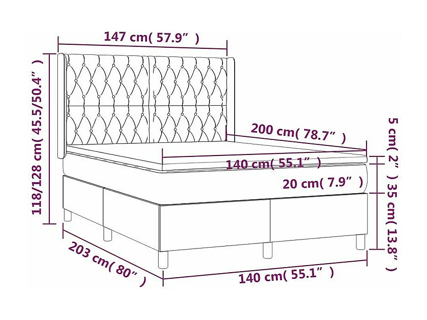 Sommier à lattes de lit matelas et LED Noir 140x200 Tissu