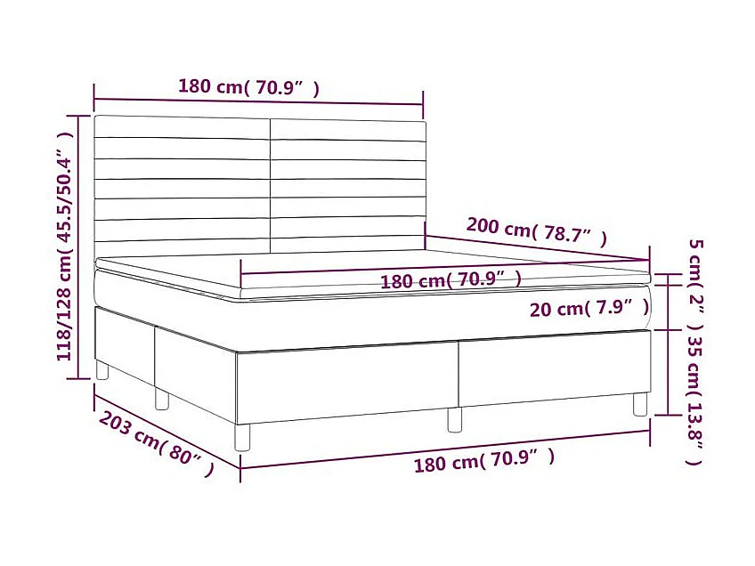 Sommier à lattes de lit et matelas et LED Gris foncé 180x200