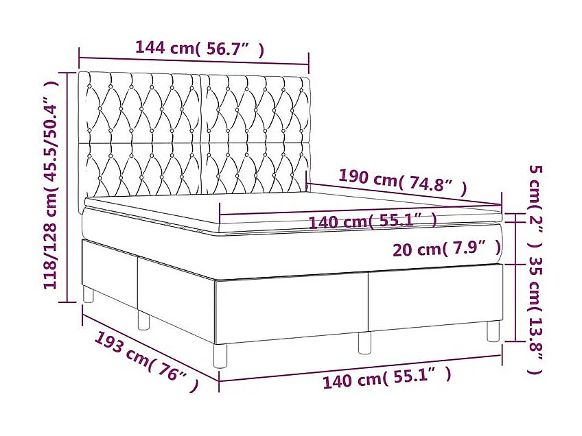 Sommier à lattes de lit et matelas et LED Gris clair 140x190