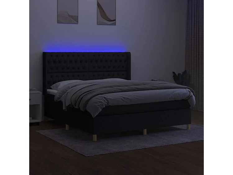 Sommier à lattes de lit matelas et LED Noir 160x200 Tissu