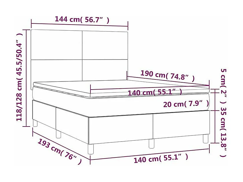 Sommier à lattes de lit et matelas LED Noir 140x190 Velours