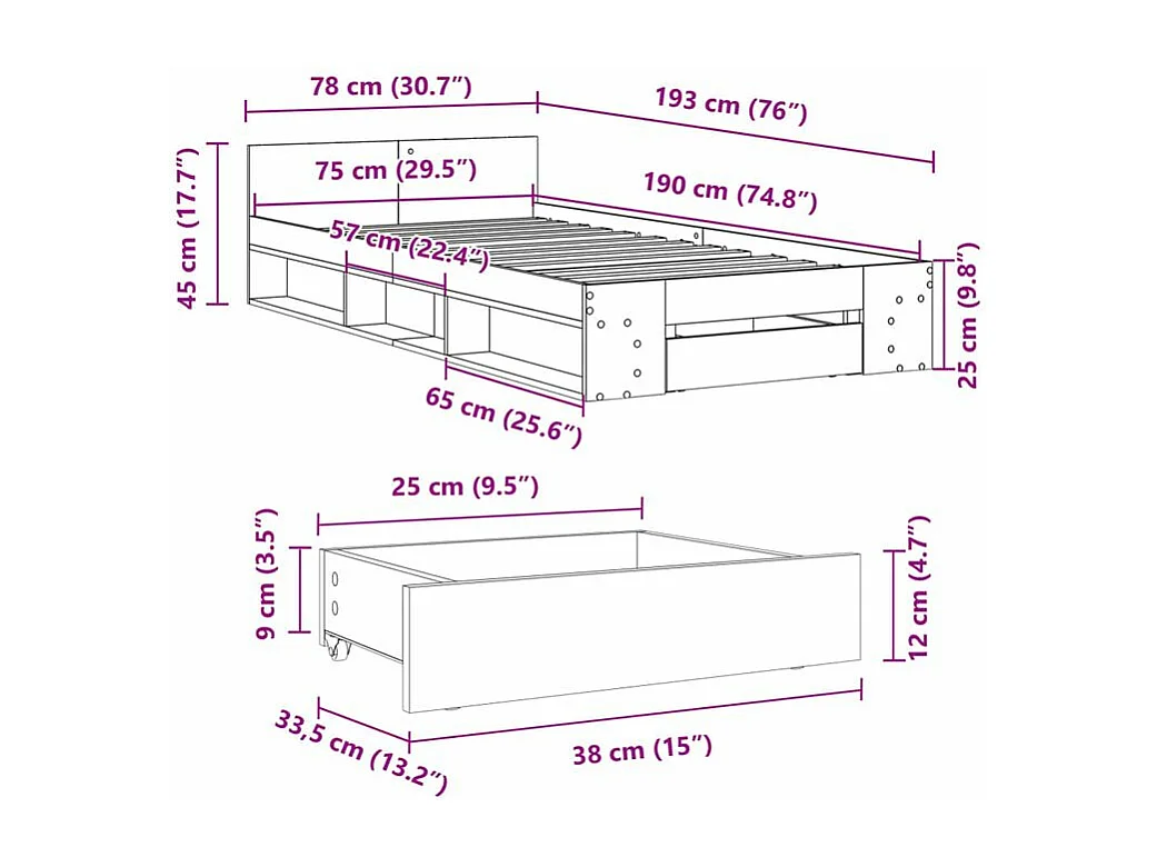 Cadre de lit et tiroir sonoma gris 75x190 bois d'ingénierie