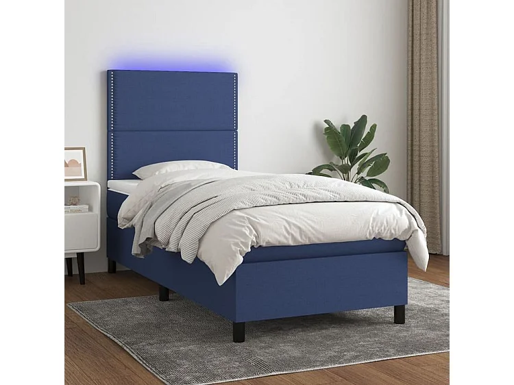 Sommier à lattes de lit avec matelas et LED Bleu 90x190 Tissu