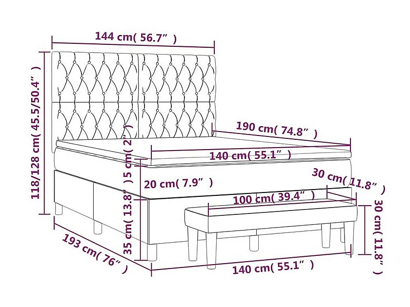 Sommier à lattes de lit avec matelas Gris foncé 140x190 Tissu