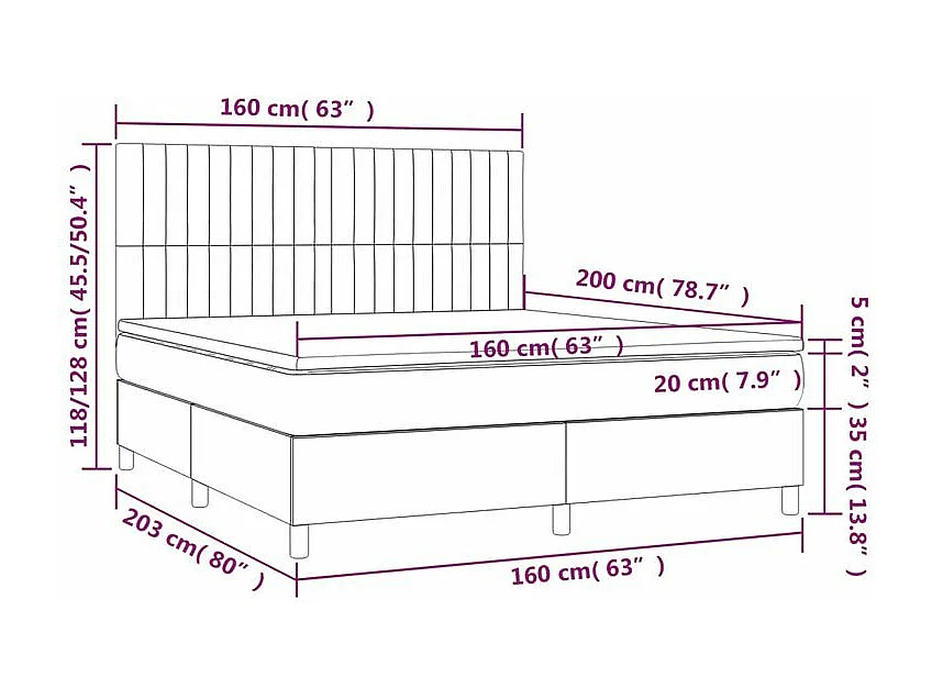 Sommier à lattes de lit matelas et LED Gris foncé 160x200