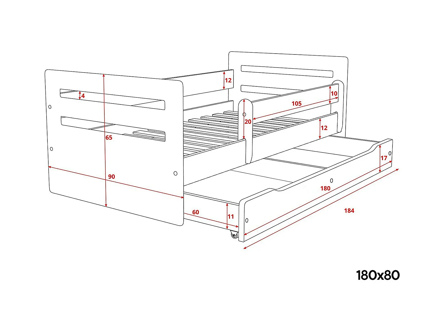 Lit enfant avec barrière de sécurité amovible blanc Moly-Matelas mousse-80x140-Tiroirs Avec tiroir